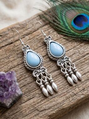 Boho Turkish Zamak Antique Silver Plated Turquoise Dangle Statement Earrings